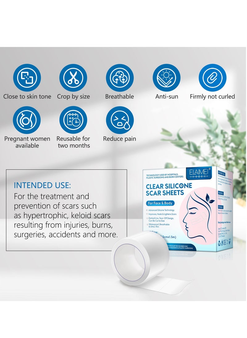 Elaimei 2.5cmx1.5m Clear Silicone Scar Sheets for Face and Body, Silicone Scar Tape, Scar Removal Strips for Acne Scars C-Section & Keloid Surgery Scars Sheets Treatment Sheets Stretch Marks Treatment Waterproof Scar Removal Sticker 4-8 Weeks Supply Medical Grade - Image 3