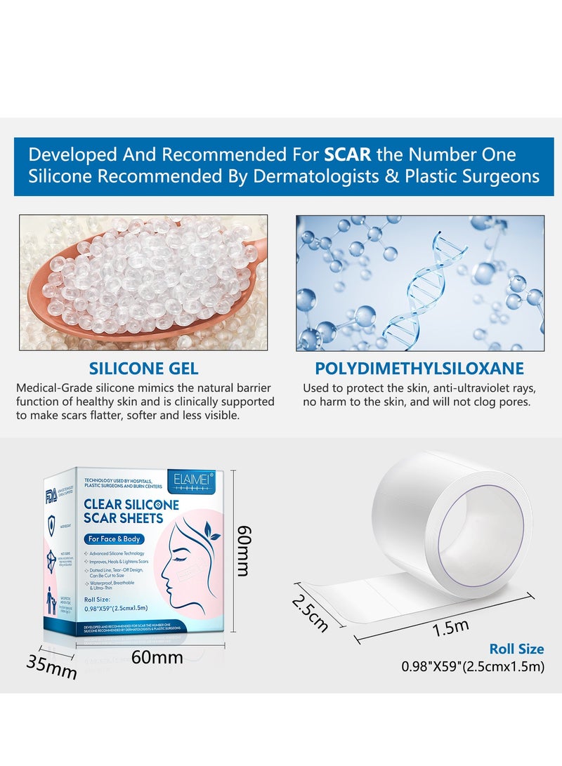 Elaimei 2.5cmx1.5m Clear Silicone Scar Sheets for Face and Body, Silicone Scar Tape, Scar Removal Strips for Acne Scars C-Section & Keloid Surgery Scars Sheets Treatment Sheets Stretch Marks Treatment Waterproof Scar Removal Sticker 4-8 Weeks Supply Medical Grade - Image 2