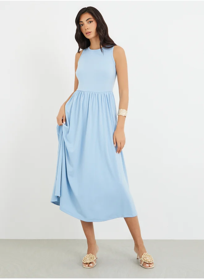 Styli Styli Solid Sleeveless Gathered Waist A-Line Midi Dress