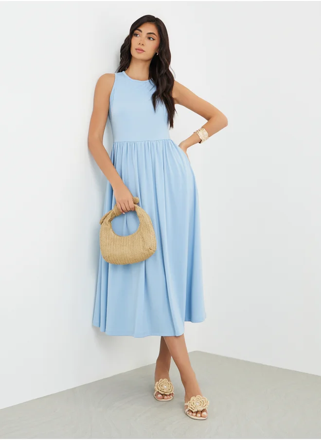 Styli Styli Solid Sleeveless Gathered Waist A-Line Midi Dress