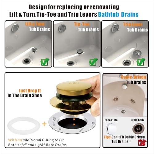 Artiwell Universal Tip Toe Bath Drain Stopper and Cover, Bathtub Drain Stopper, Replaces Lift and Turn, Tip-Toe and Trip Lever Drains for Tub, EZ Installation and Clearing (Brushed Gold) - Image 2