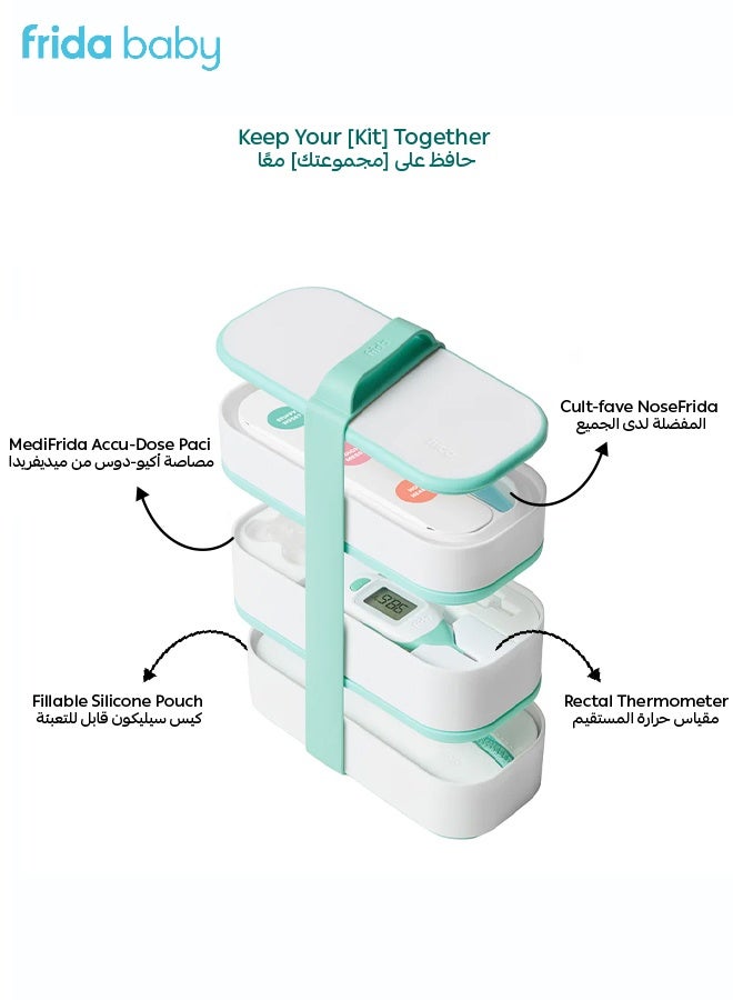 fridababy Mobile Medicine Cabinet Travel Kit | Includes NoseFrida + Filters | MediFrida | Rectal Thermometer | Removable Pouch | Stackable Storage | Silicone Carrying Strap | 3 Layers  - Image 2