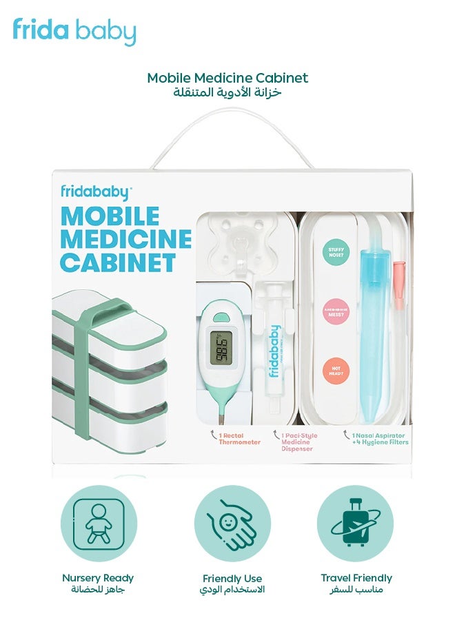 fridababy Mobile Medicine Cabinet Travel Kit | Includes NoseFrida + Filters | MediFrida | Rectal Thermometer | Removable Pouch | Stackable Storage | Silicone Carrying Strap | 3 Layers  - Image 1