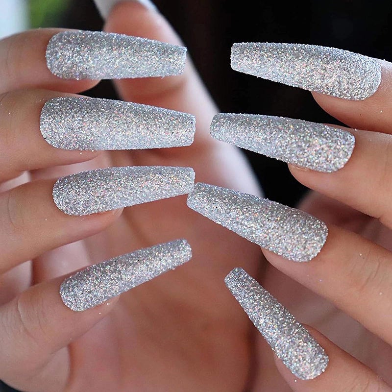 MISUD Press on Nails Long Coffin Fake Nails Bling Glitter Glue on Nails Silver Acrylic Nails Ballerina Artificial Nails Sparkly Sequins Stick on False Nails with Design 24 pcs