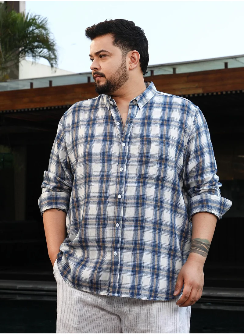 انستافاب بلس Instafab Plus Men's Off-White & Blue Gradient-Check Regular Shirt For Casual Wear | Spread Collar | Long Cuffed Sleeves | Button Closure | Plus Size Shirt Crafted With Comfort Fit For Everyday Wear