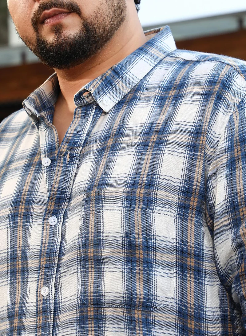 Instafab Plus Instafab Plus Men's Off-White & Blue Gradient-Check Regular Shirt For Casual Wear | Spread Collar | Long Cuffed Sleeves | Button Closure | Plus Size Shirt Crafted With Comfort Fit For Everyday Wear