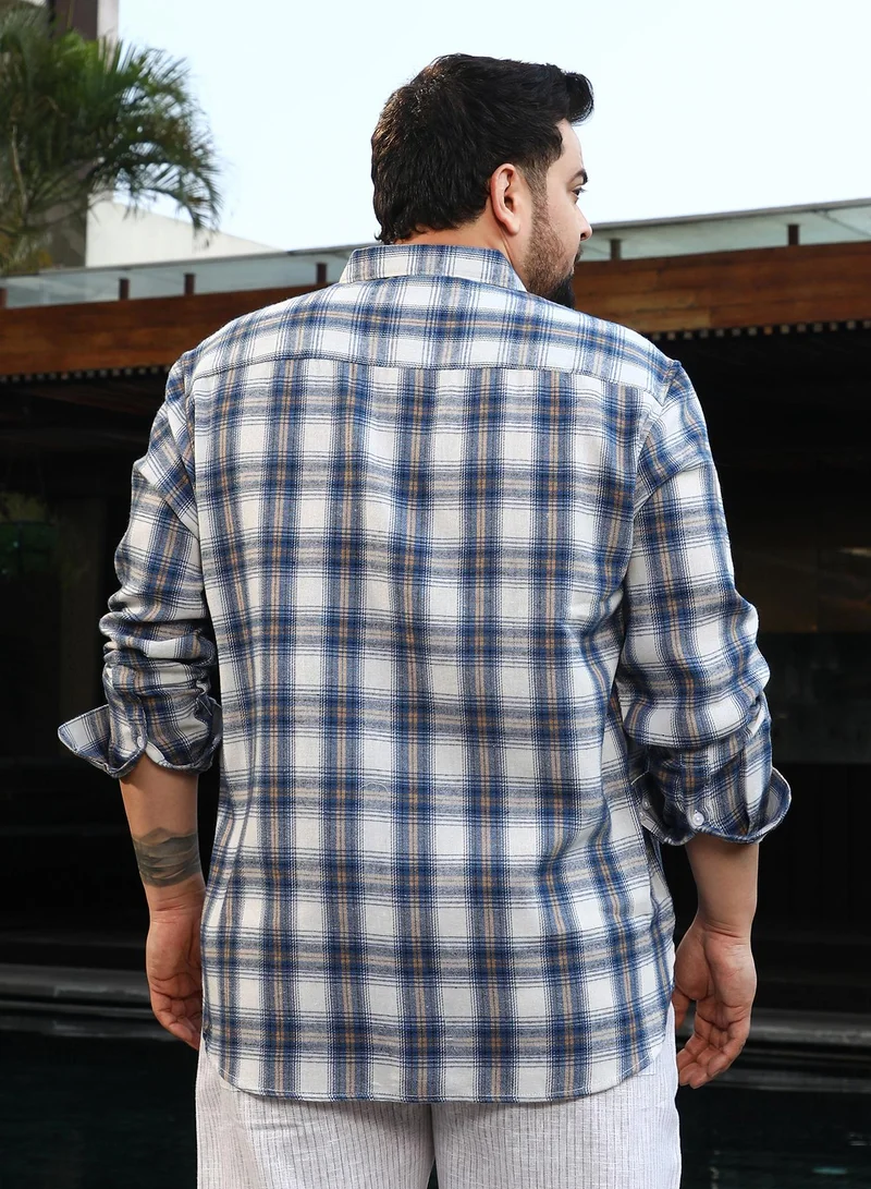 Instafab Plus Instafab Plus Men's Off-White & Blue Gradient-Check Regular Shirt For Casual Wear | Spread Collar | Long Cuffed Sleeves | Button Closure | Plus Size Shirt Crafted With Comfort Fit For Everyday Wear