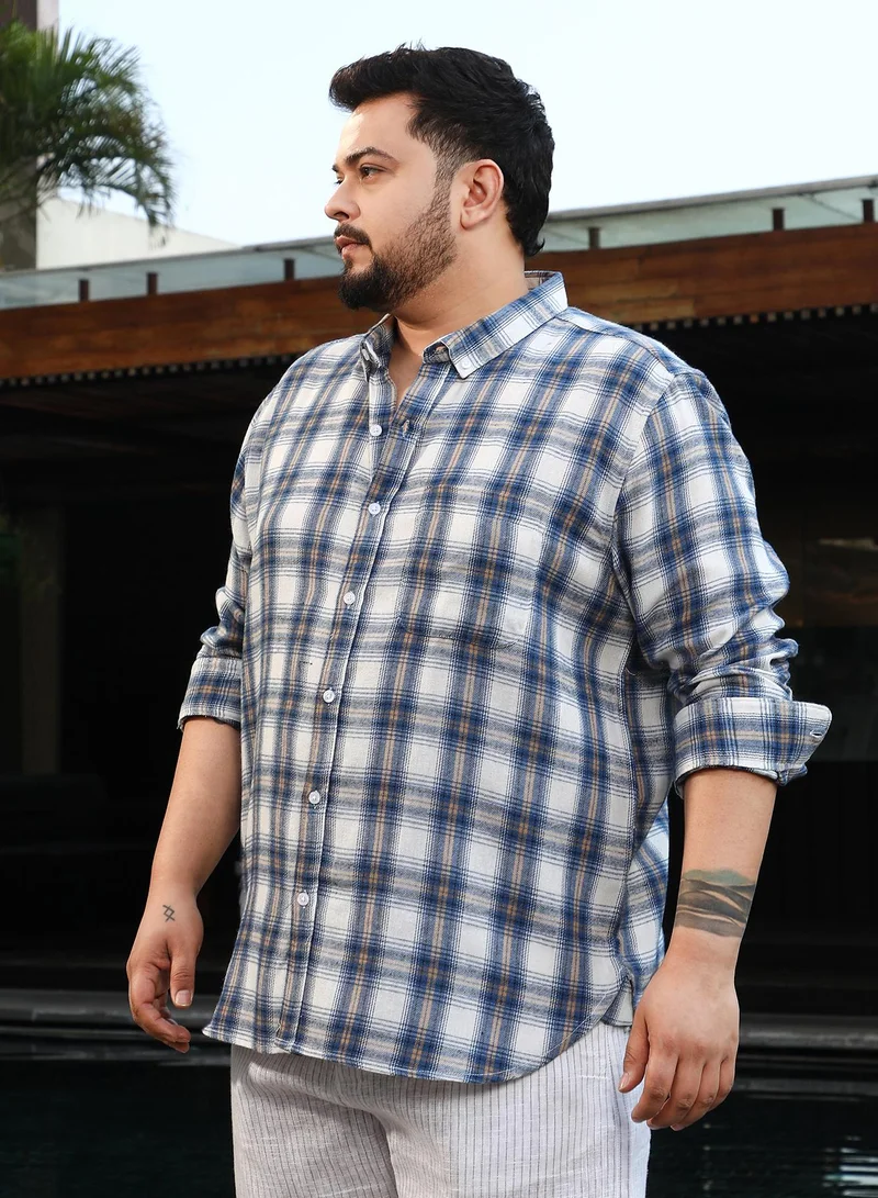 Instafab Plus Instafab Plus Men's Off-White & Blue Gradient-Check Regular Shirt For Casual Wear | Spread Collar | Long Cuffed Sleeves | Button Closure | Plus Size Shirt Crafted With Comfort Fit For Everyday Wear
