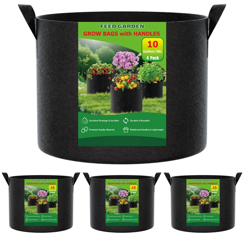 FEED GARDEN 10 Gallon Grow Bags 4 Pack â€“ 300G Thickened Fabric Plant Pots with Reinforced Handles, Breathable Drainage Planters for Vegetables, Tomatoes, Herbs, Indoor & Outdoor Gardening - Image 1