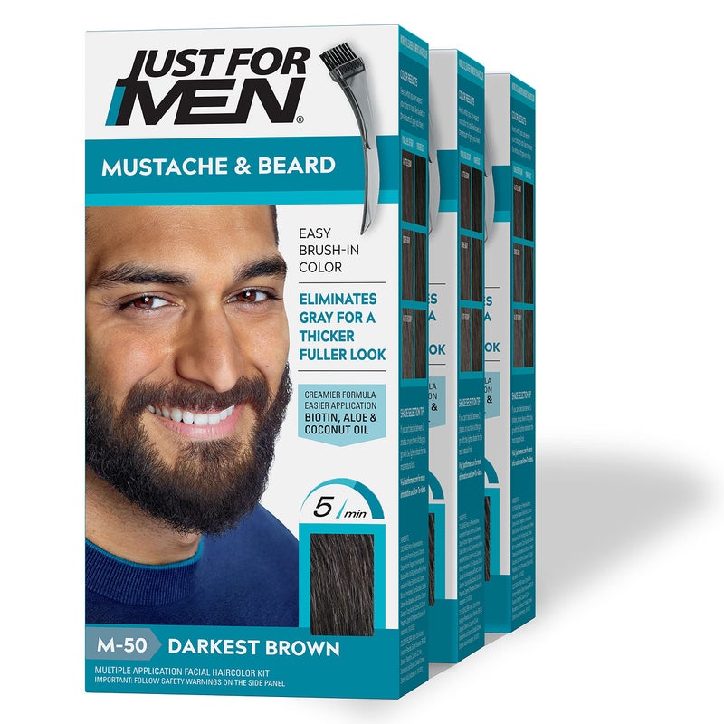 Just For Men Mustache & Beard, Beard Coloring for Gray Hair with Brush, With Keratin Biotin Aloe and Coconut Oil for Healthy Facial Hair - Darkest Brown, M-50, Pack of 3 (Packaging May Vary) - Image 1