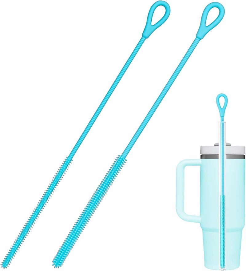 Silicone Straw Cleaner Brush, Extra Long Brush for Cleaning Metal, Glass Straws, Drink Lids, Blue, 2 Pcs - Image 1