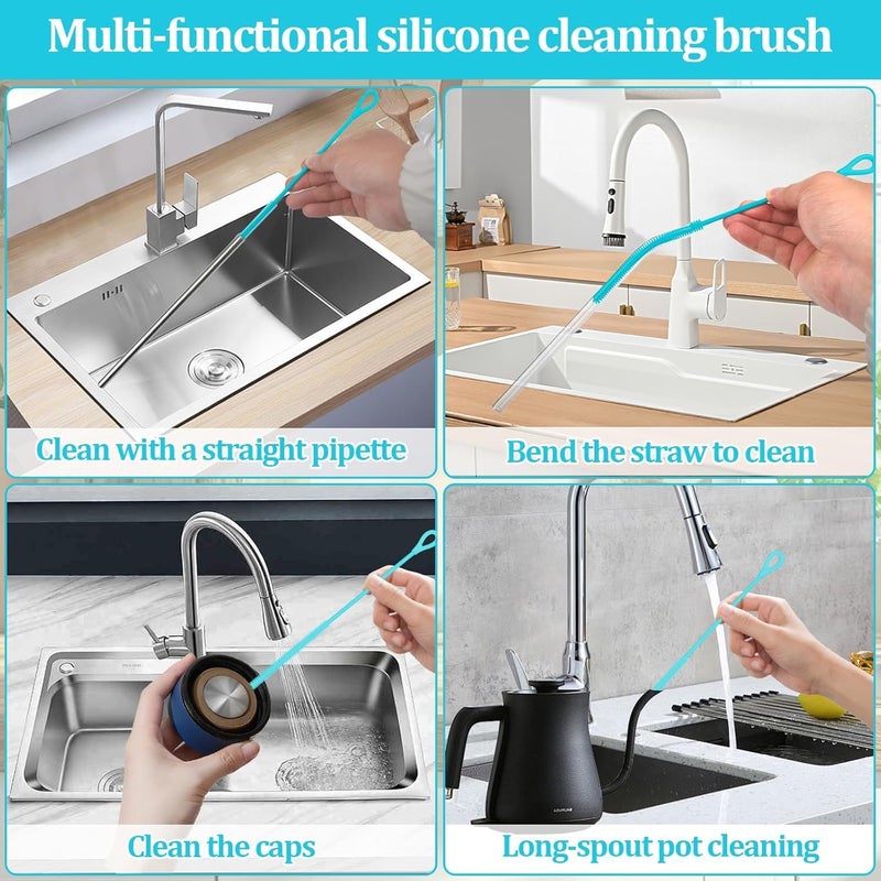 Silicone Straw Cleaner Brush, Extra Long Brush for Cleaning Metal, Glass Straws, Drink Lids, Blue, 2 Pcs - Image 2