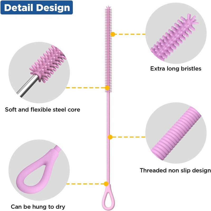 Silicone Straw Cleaner Brush, Extra Long Brush for Cleaning Metal, Glass Straws, Drink Lids, Blue, 2 Pcs - Image 3