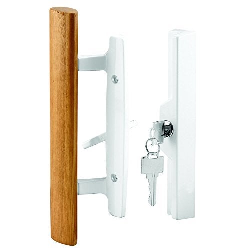 Prime-Line مجموعة مقبض باب الفناء Prime-Line C 1316، 3-15/16 بوصة، مصنوعة من الصب، مقبض خشبي، أبيض، مورتيس، مزود بمفتاح (عبوة فردية) - Image 1