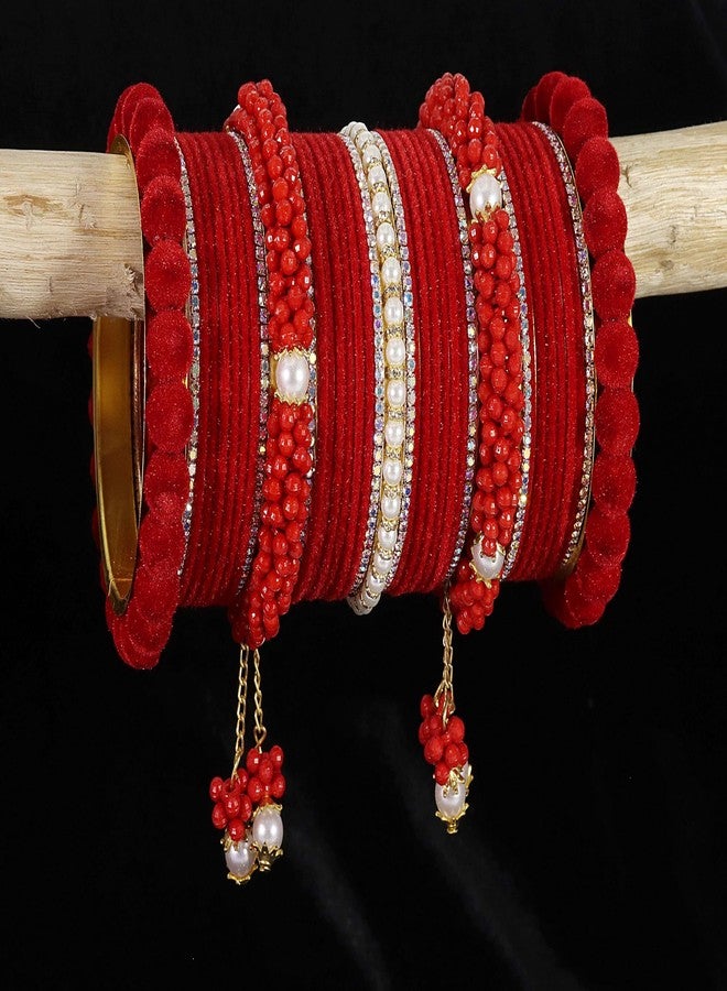 NMII طقم أساور NMII الأنيق من المعدن الأبيض المرصع بالأحجار واللؤلؤ، بتصميم موتي فيلفيت لاتكان، مناسب للعرائس والفتيات | أساور حمراء | تشودا للعرائس | (Chuda99-Red-2.4) - Image 2