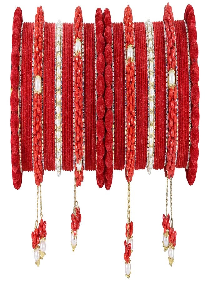 NMII طقم أساور NMII الأنيق من المعدن الأبيض المرصع بالأحجار واللؤلؤ، بتصميم موتي فيلفيت لاتكان، مناسب للعرائس والفتيات | أساور حمراء | تشودا للعرائس | (Chuda99-Red-2.4) - Image 1