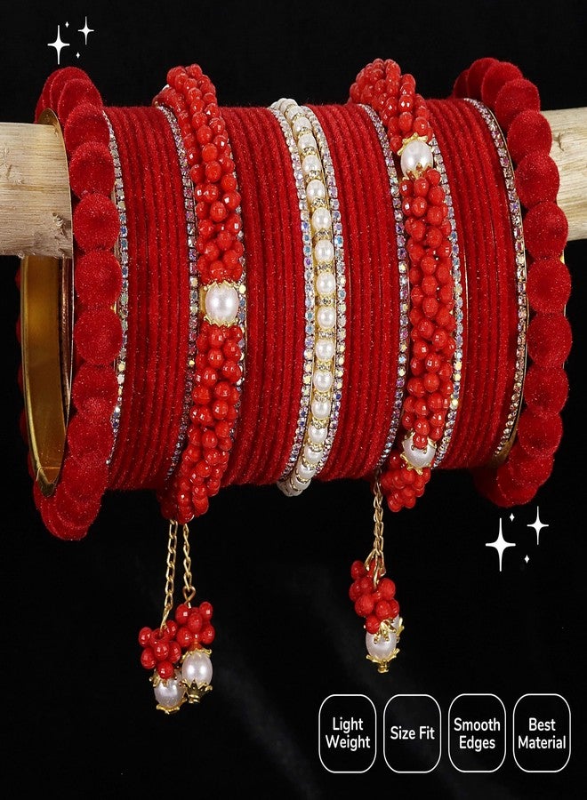 NMII طقم أساور NMII الأنيق من المعدن الأبيض المرصع بالأحجار واللؤلؤ، بتصميم موتي فيلفيت لاتكان، مناسب للعرائس والفتيات | أساور حمراء | تشودا للعرائس | (Chuda99-Red-2.4) - Image 4