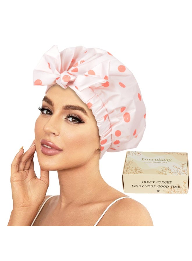 Luvruitaky Shower Cap Luxury Shower Caps for Women Reusable Waterproof Hair Cap for Shower with Adjustable Bowknot Hair Bath Cap (Pink) - Image 1