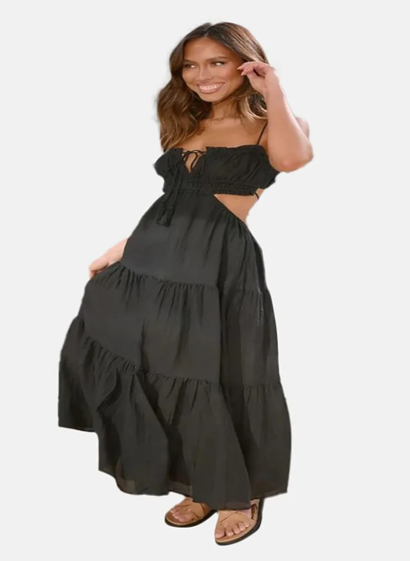 يونيكي Black Cut - Out Details Shoulder Straps Chiffon Maxi Dress