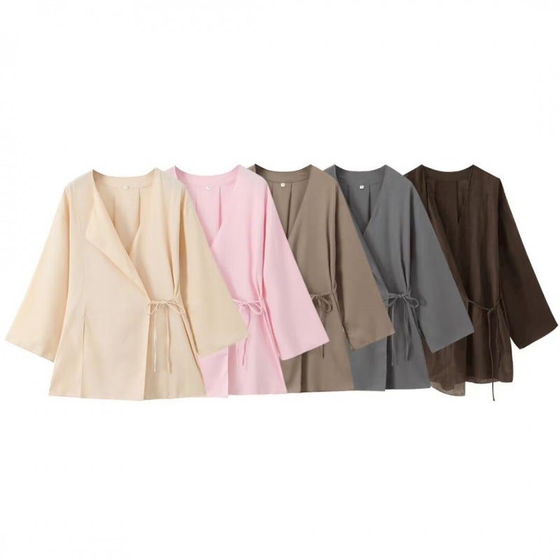 Women'S Linen Kimono Cross Jacket Fashion Trousers Suit For Women - Image 2