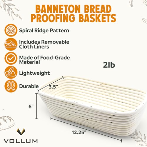 Vollum Banneton Bread Proofing Basket & Liner – 2 lb – 12.25" x 6" x 3.5" Rectangular Brotform – Handmade Rustic Sourdough Bread Baking Supplies, Banneton Basket, Sour Dough Tools, Gifts for Bakers - Image 2