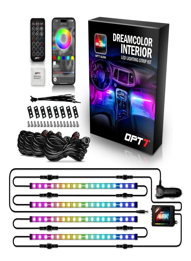 OPT7 Aura DreamColor RGB-IC LED Car Interior Light Strips, 4PC Interior Ambient Lighting Kit, Color Chasing Light Kit w/APP Control & Wireless Remote, Universal for Vehicles SUV Trucks Pickups Van - Image 1
