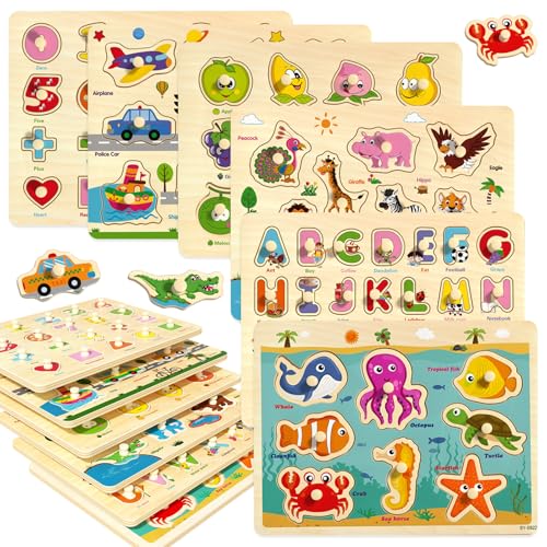 edutree Wooden Peg Puzzles for Toddlers 24 6 Pack Educational Peg Puzzles Montessori Toys Learning Puzzles for Kids Girs Boys 13 35 with Alphabet Number Animal Vehicle Shape - Image 1