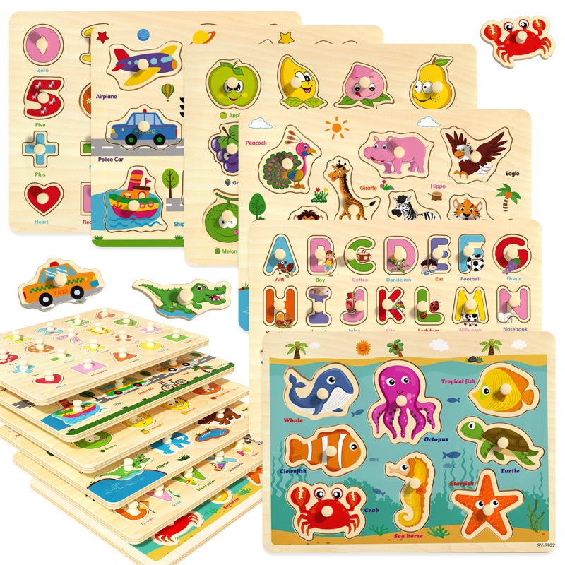 edutree Wooden Peg Puzzles for Toddlers 24 6 Pack Educational Peg Puzzles Montessori Toys Learning Puzzles for Kids Girs Boys 13 35 with Alphabet Number Animal Vehicle Shape - Image 3