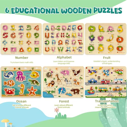 edutree Wooden Peg Puzzles for Toddlers 24 6 Pack Educational Peg Puzzles Montessori Toys Learning Puzzles for Kids Girs Boys 13 35 with Alphabet Number Animal Vehicle Shape - Image 5