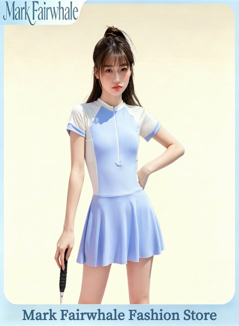 Mark Fairwhale New Spliced Short Sleeved Front Zipper One-Piece Skirt Swimsuit - Image 1