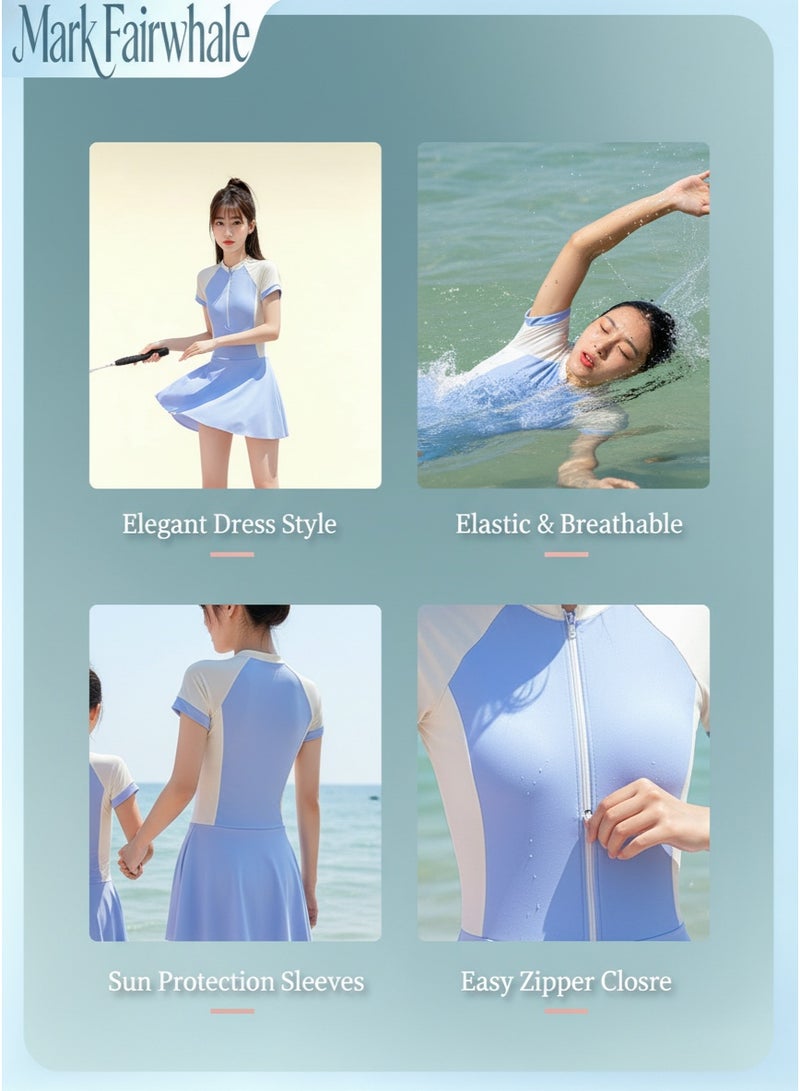 Mark Fairwhale New Spliced Short Sleeved Front Zipper One-Piece Skirt Swimsuit - Image 2