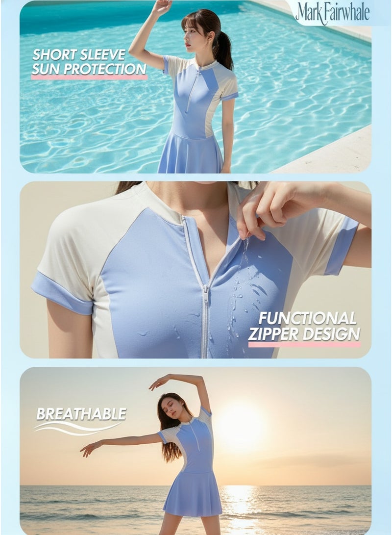 Mark Fairwhale New Spliced Short Sleeved Front Zipper One-Piece Skirt Swimsuit - Image 5