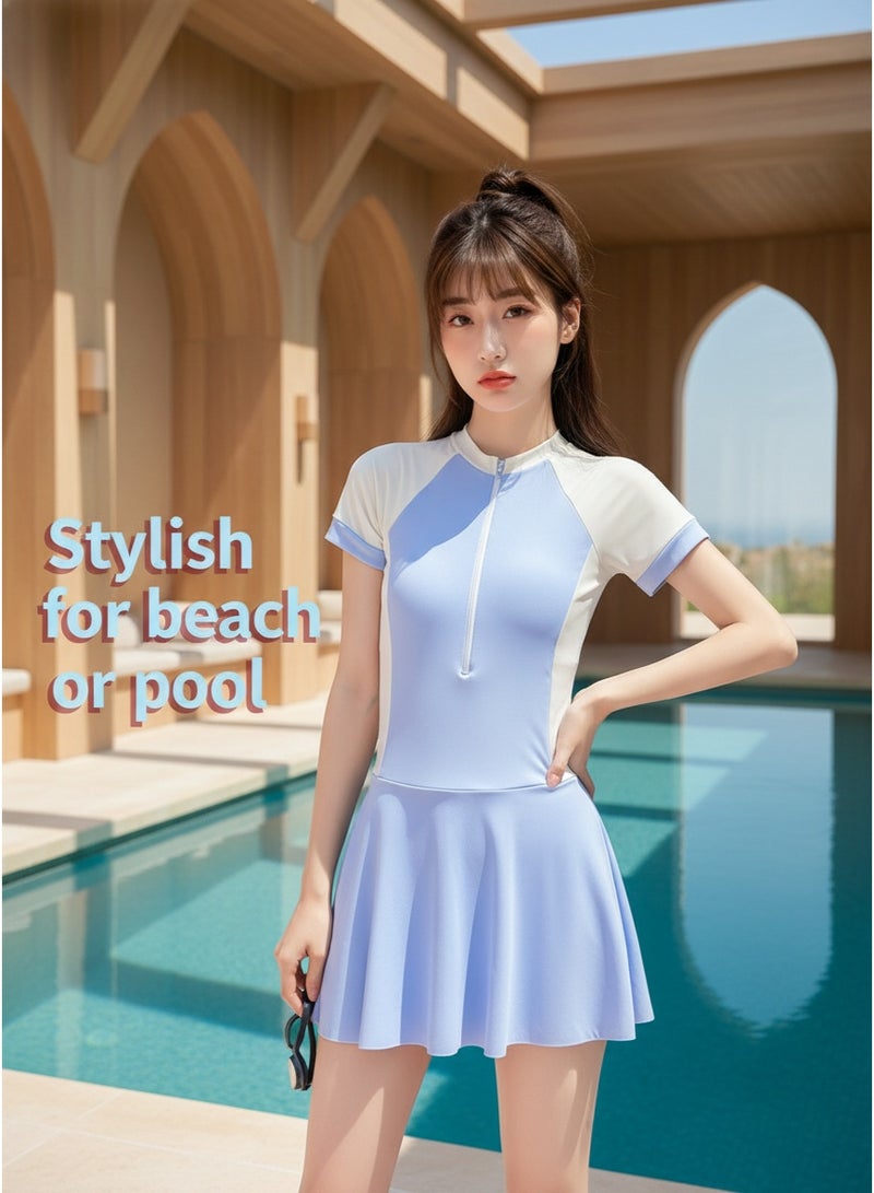Mark Fairwhale New Spliced Short Sleeved Front Zipper One-Piece Skirt Swimsuit - Image 3