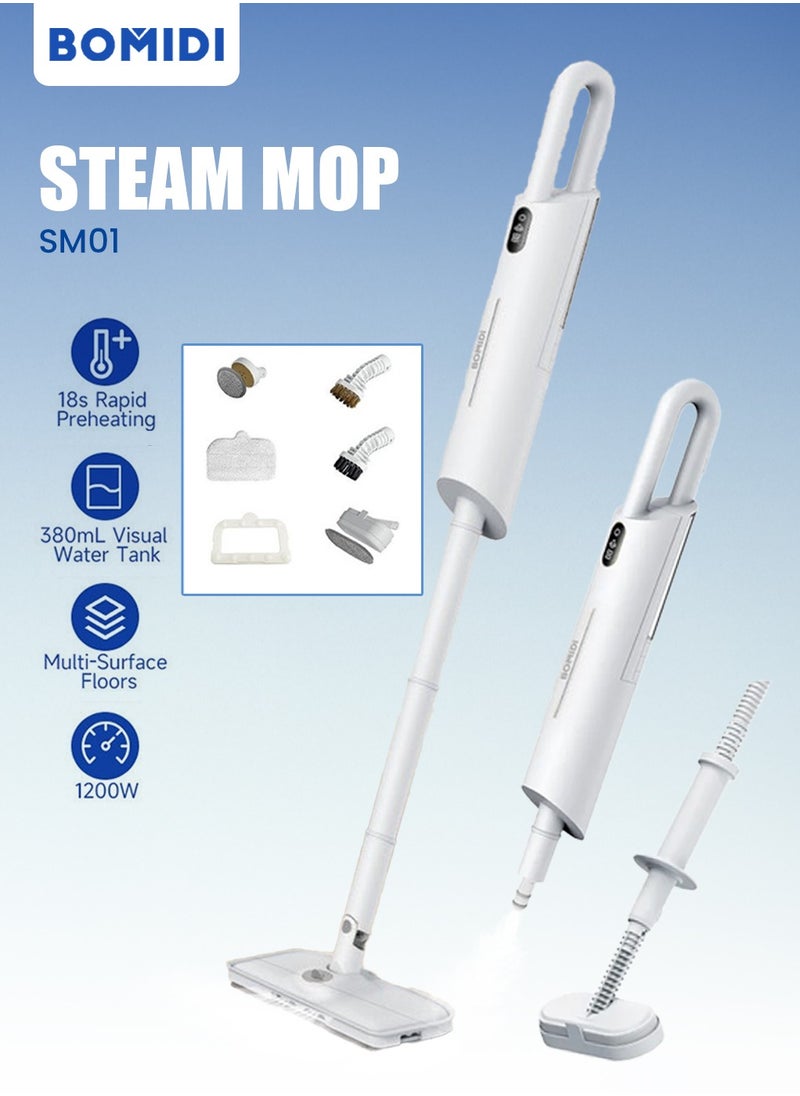 BOMIDI 1200W High-Power Steam Mop for Multi-Surface Floors (Wood/Tile/Carpet) with Adjustable Steam, 18s Fast Heating, 380mL Visual Tank & Aromatherapy Function  - Image 1