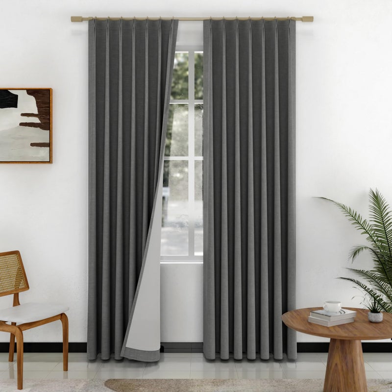 IVAPUPU Thick Linen Blend Pinch Pleated Blackout Curtains for Bedroom - 2 Pages Black Out Grey Curtains 95 Inch Long 2 Panel for Living Room Darkening Thermal Window Curtain Drapes with 16pc Hooks - Image 1