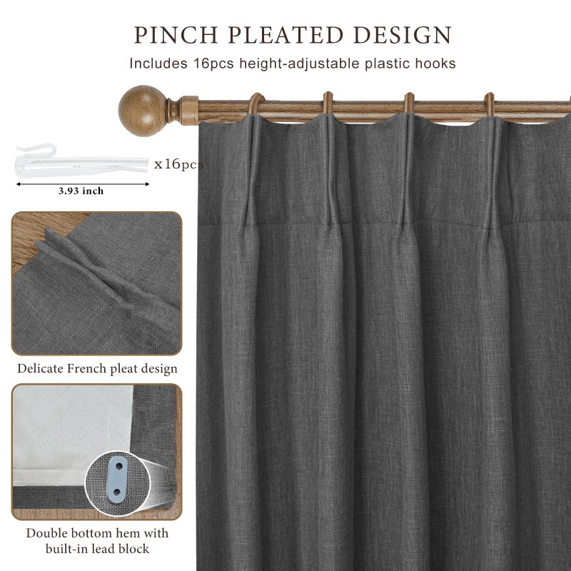IVAPUPU Thick Linen Blend Pinch Pleated Blackout Curtains for Bedroom - 2 Pages Black Out Grey Curtains 95 Inch Long 2 Panel for Living Room Darkening Thermal Window Curtain Drapes with 16pc Hooks - Image 3