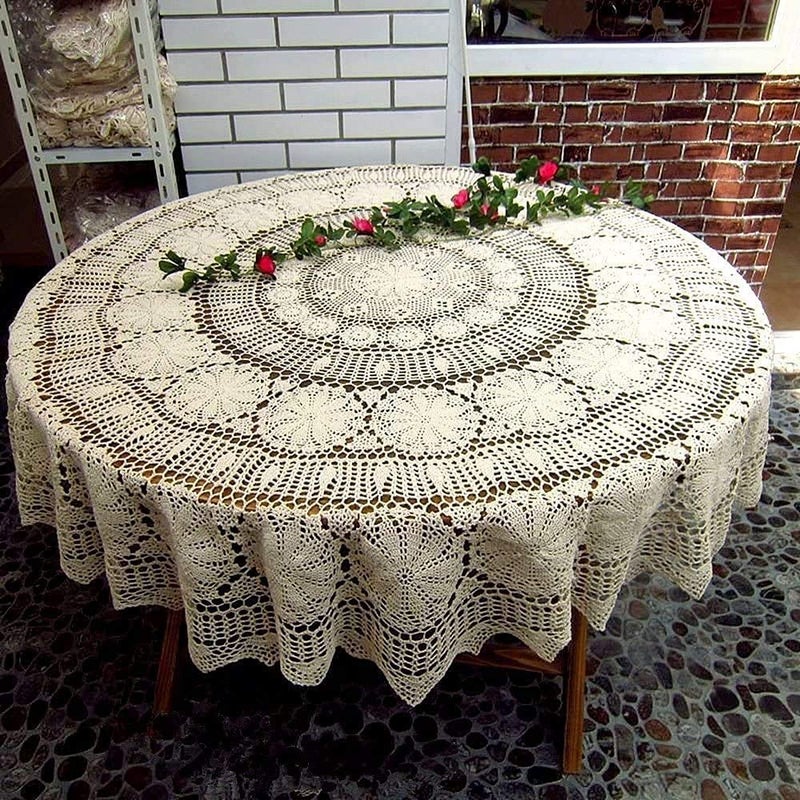 USTIDE 70 inch Round Cotton Crochet Lace Tablecloth Beige Vintage Woven Dining Kitchen Table Cover