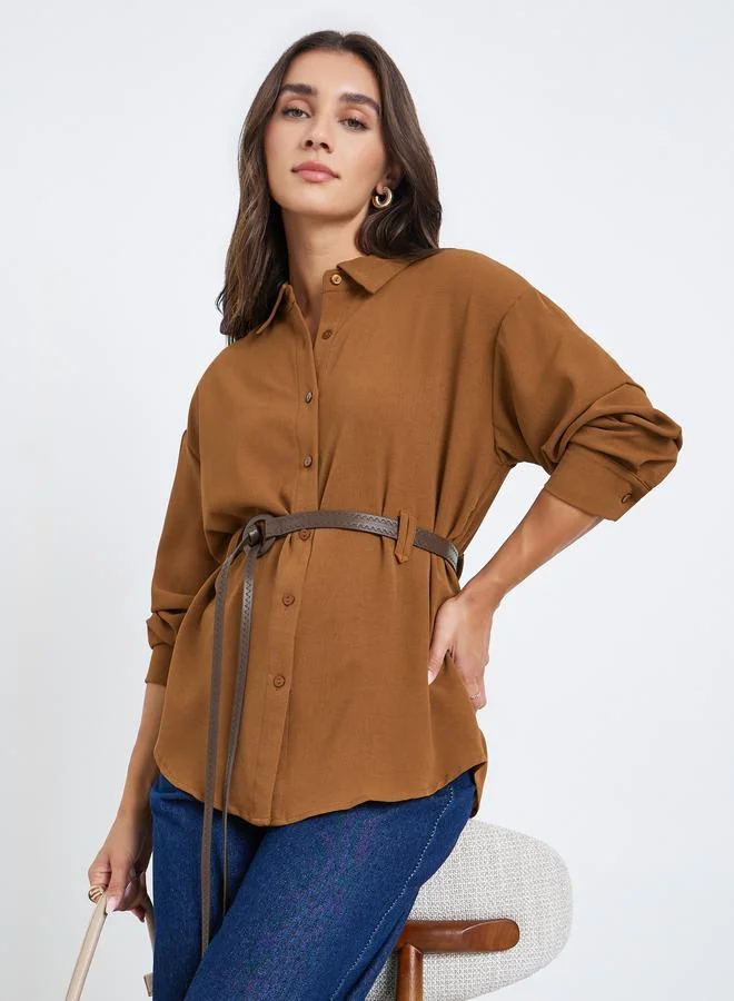 ستايلي بلوزة سادة بأكمام طويلة وحزام