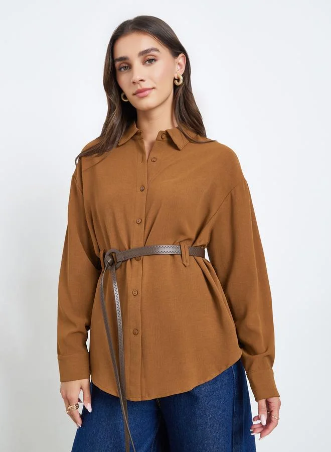 Styli Women Mustard Plain Long Sleeve Shirt with Belt
