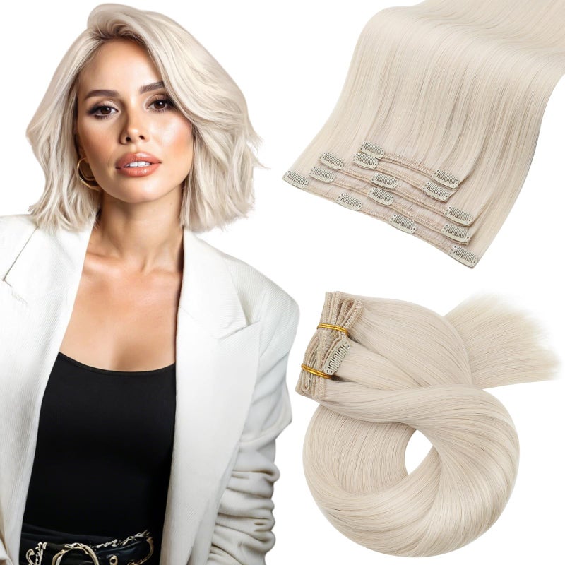 Moresoo White Blonde Clip in Hair Extensions Real Human Hair Blonde Clip ins Human Hair Extensions for Women Short Double Weft 80g5pcs 14 inch