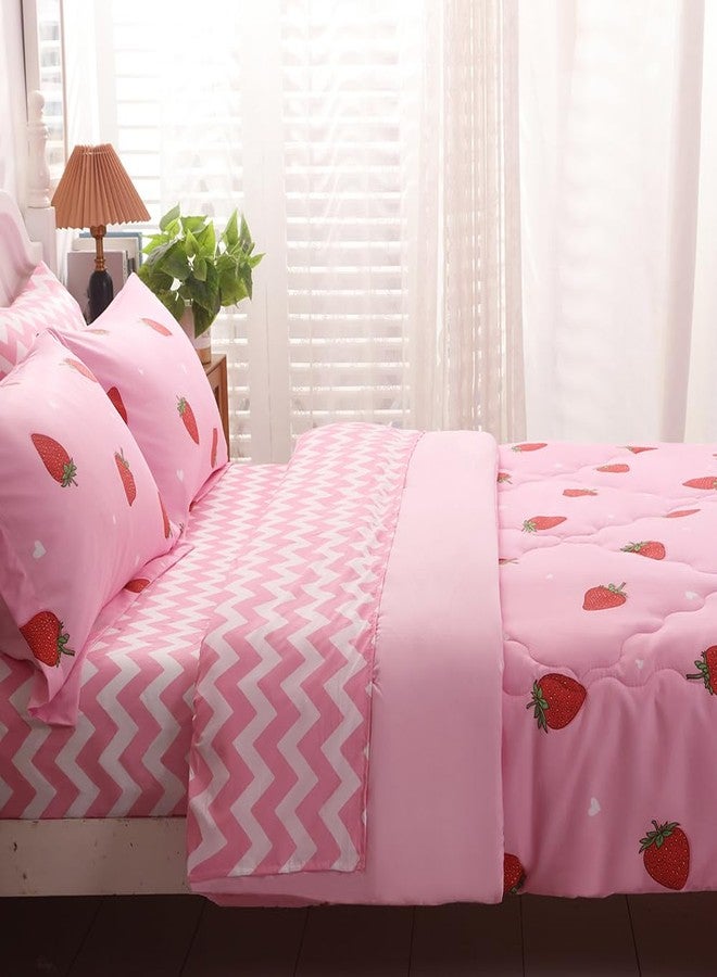 Gusuhome Strawberry Comforter Bedding Set Twin Size for Girls 7 Piece Pink Kawaii Comforter Set Bed in A Bag for Kids Teens All Season (1 Comforter,1 Flat Sheet,1 Fitted Sheet and 4 Pillow Sham) - Image 4