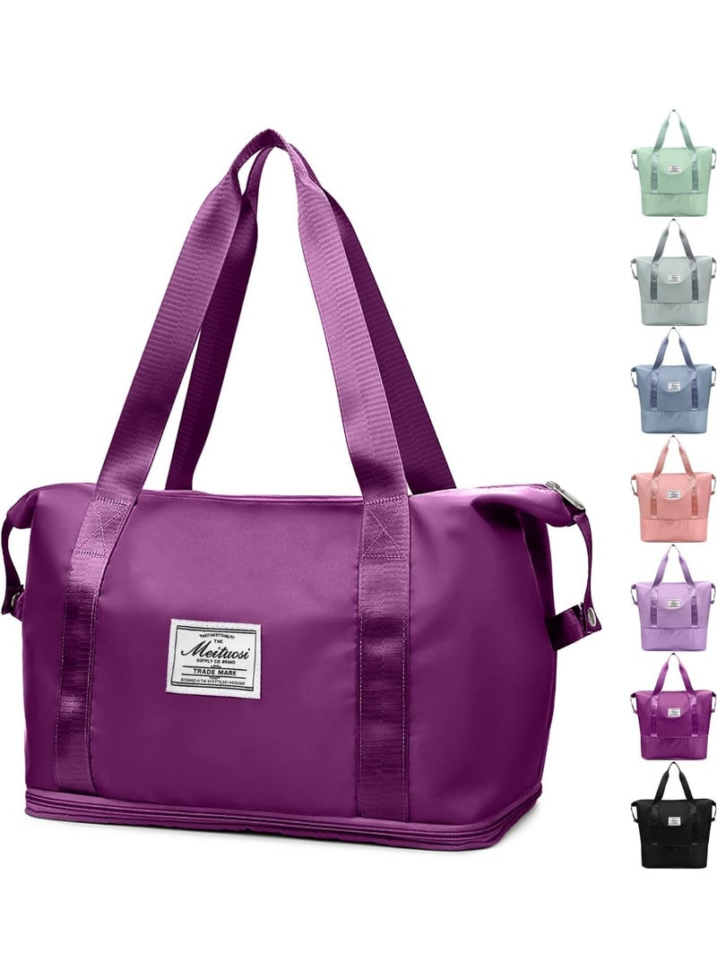 A multi-purpose bag that folds easily, features a front pocket and a top zipper, and can be attached to the handle of a suitcase. Designed to combine style, comfort, and practicality, this bag is purple. - Image 1