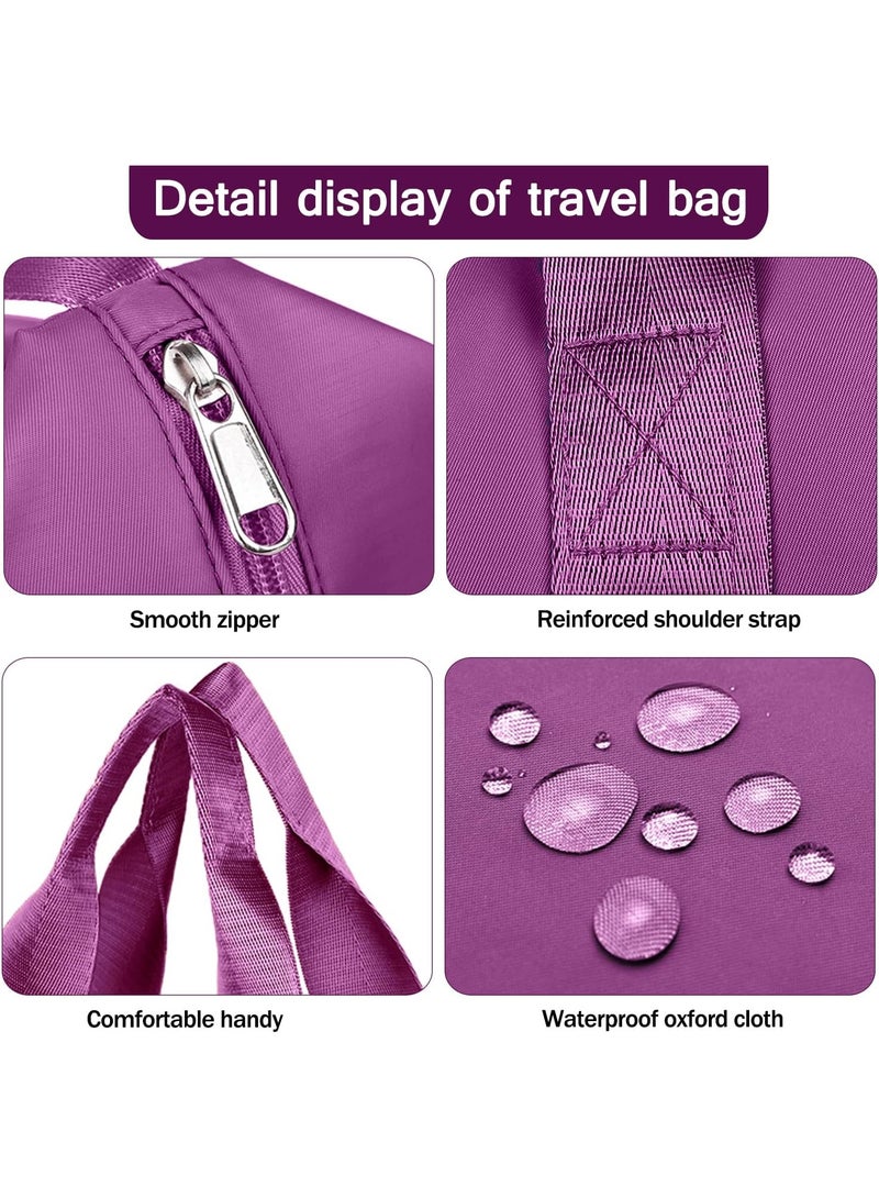 A multi-purpose bag that folds easily, features a front pocket and a top zipper, and can be attached to the handle of a suitcase. Designed to combine style, comfort, and practicality, this bag is purple. - Image 3