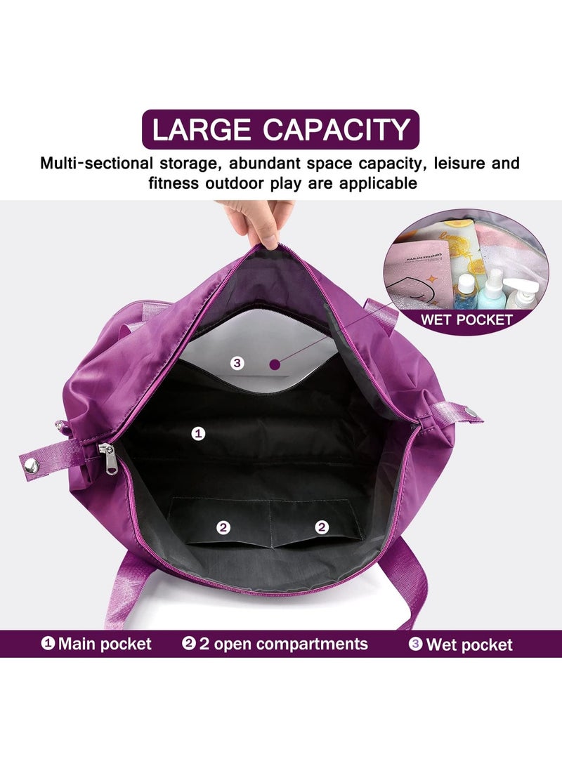 A multi-purpose bag that folds easily, features a front pocket and a top zipper, and can be attached to the handle of a suitcase. Designed to combine style, comfort, and practicality, this bag is purple. - Image 2
