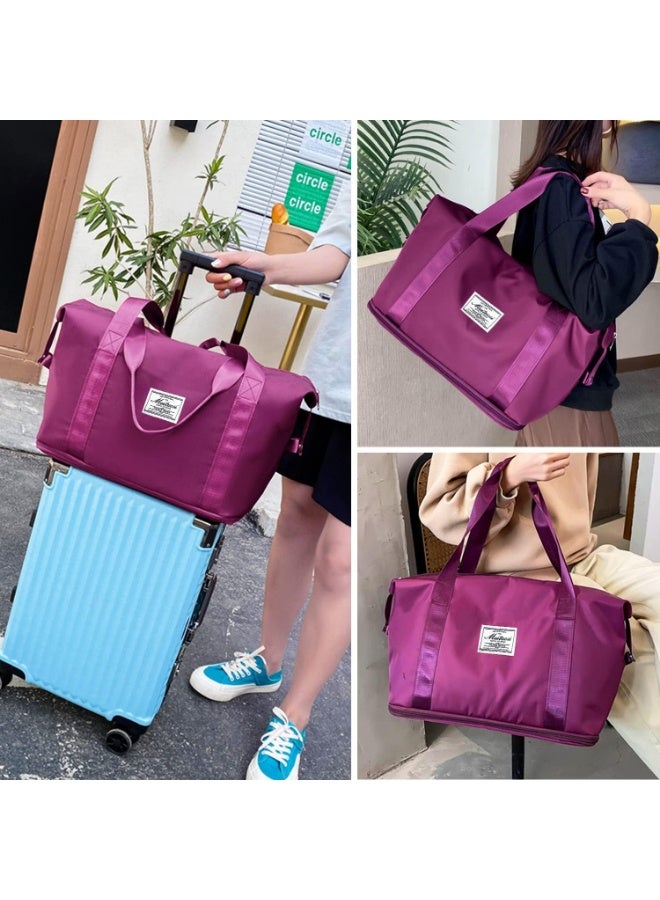 A multi-purpose bag that folds easily, features a front pocket and a top zipper, and can be attached to the handle of a suitcase. Designed to combine style, comfort, and practicality, this bag is purple. - Image 4
