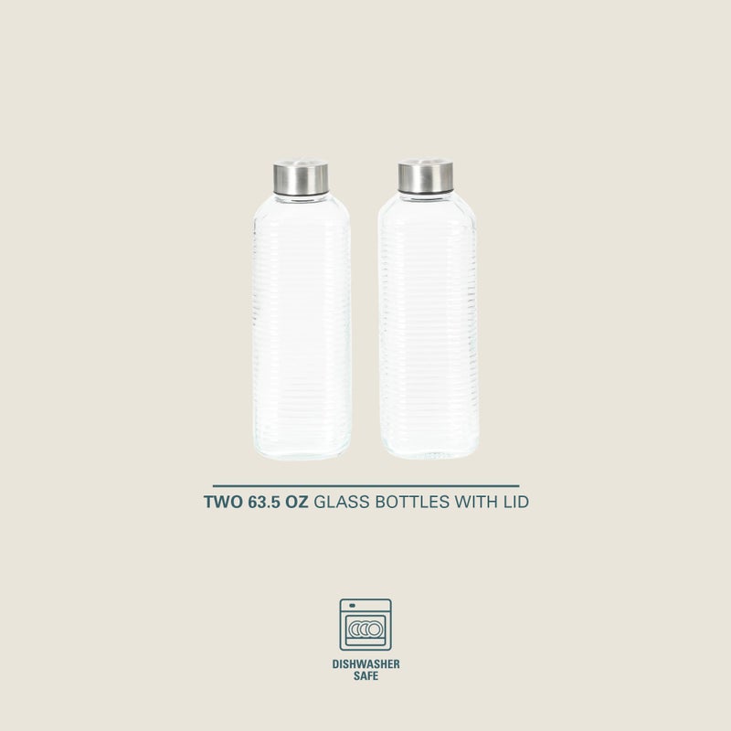 Gibson Home Whistler Peak 2 Pack 64 OZ (1.9 Liters) Large Embossed Reusable Glass Bottles w/Airtight Leakproof Stainless Steel Lid, Pitcher for Water, Milk, Juice - Dishwasher Safe - Image 2