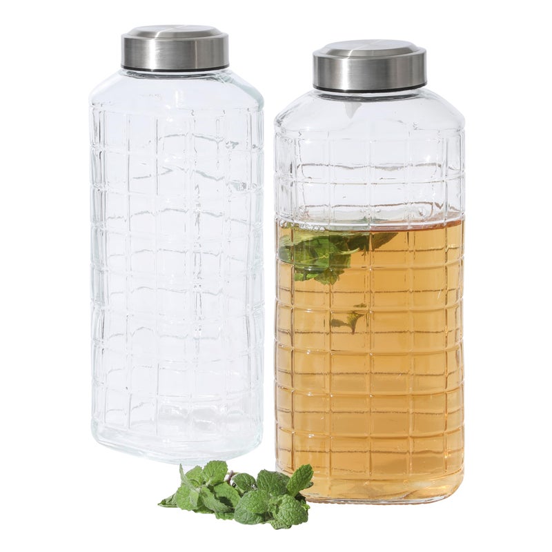 Gibson Home Whistler Peak 2 Pack 64 OZ (1.9 Liters) Large Embossed Reusable Glass Bottles w/Airtight Leakproof Stainless Steel Lid, Pitcher for Water, Milk, Juice - Dishwasher Safe - Image 1
