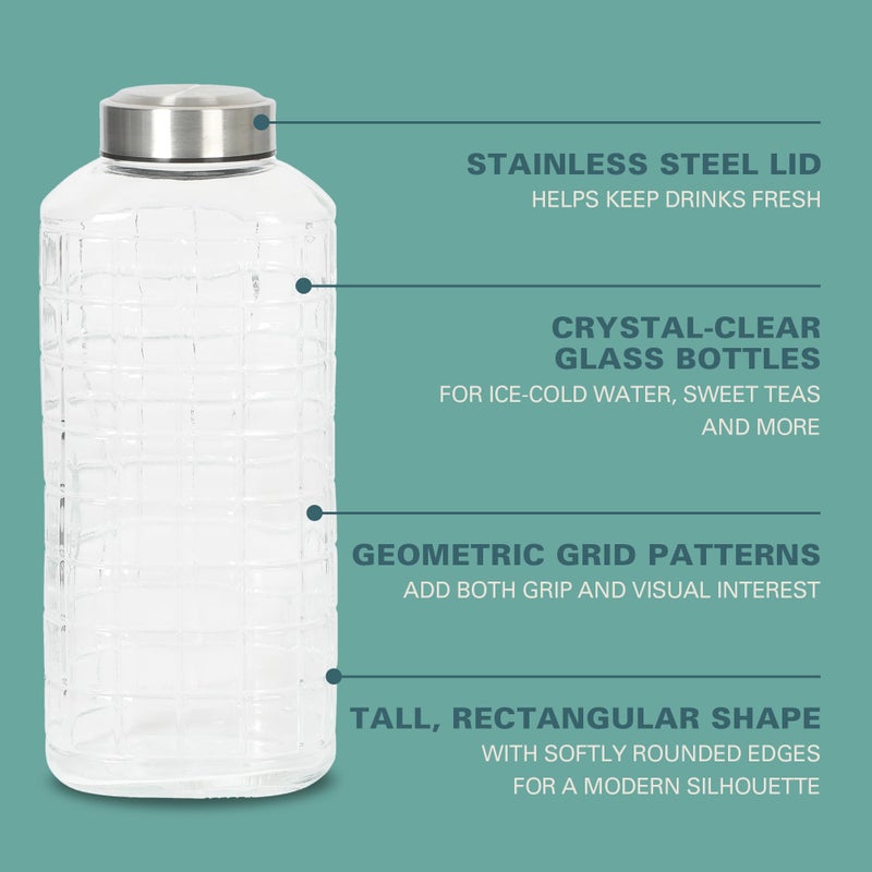 Gibson Home Whistler Peak 2 Pack 64 OZ (1.9 Liters) Large Embossed Reusable Glass Bottles w/Airtight Leakproof Stainless Steel Lid, Pitcher for Water, Milk, Juice - Dishwasher Safe - Image 3