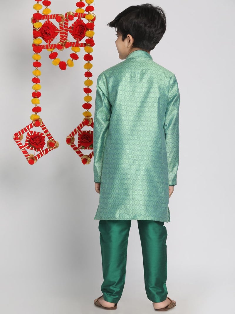 VASTRAMAY Boys' Green Banarasi Silk Jacquard Kurta Pyjama Set – Traditional Ethnic Wear for Weddings, Festivals & Celebrations (VASBK105GNnPVGN_32) - Image 3