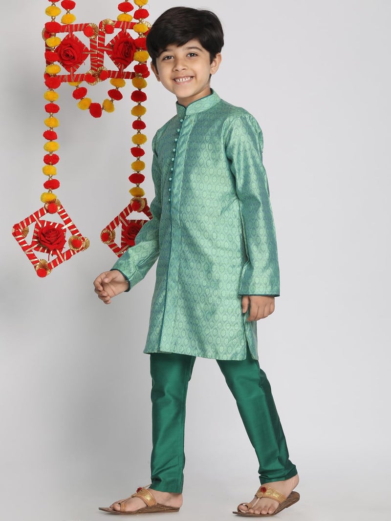 VASTRAMAY Boys' Green Banarasi Silk Jacquard Kurta Pyjama Set – Traditional Ethnic Wear for Weddings, Festivals & Celebrations (VASBK105GNnPVGN_32) - Image 2